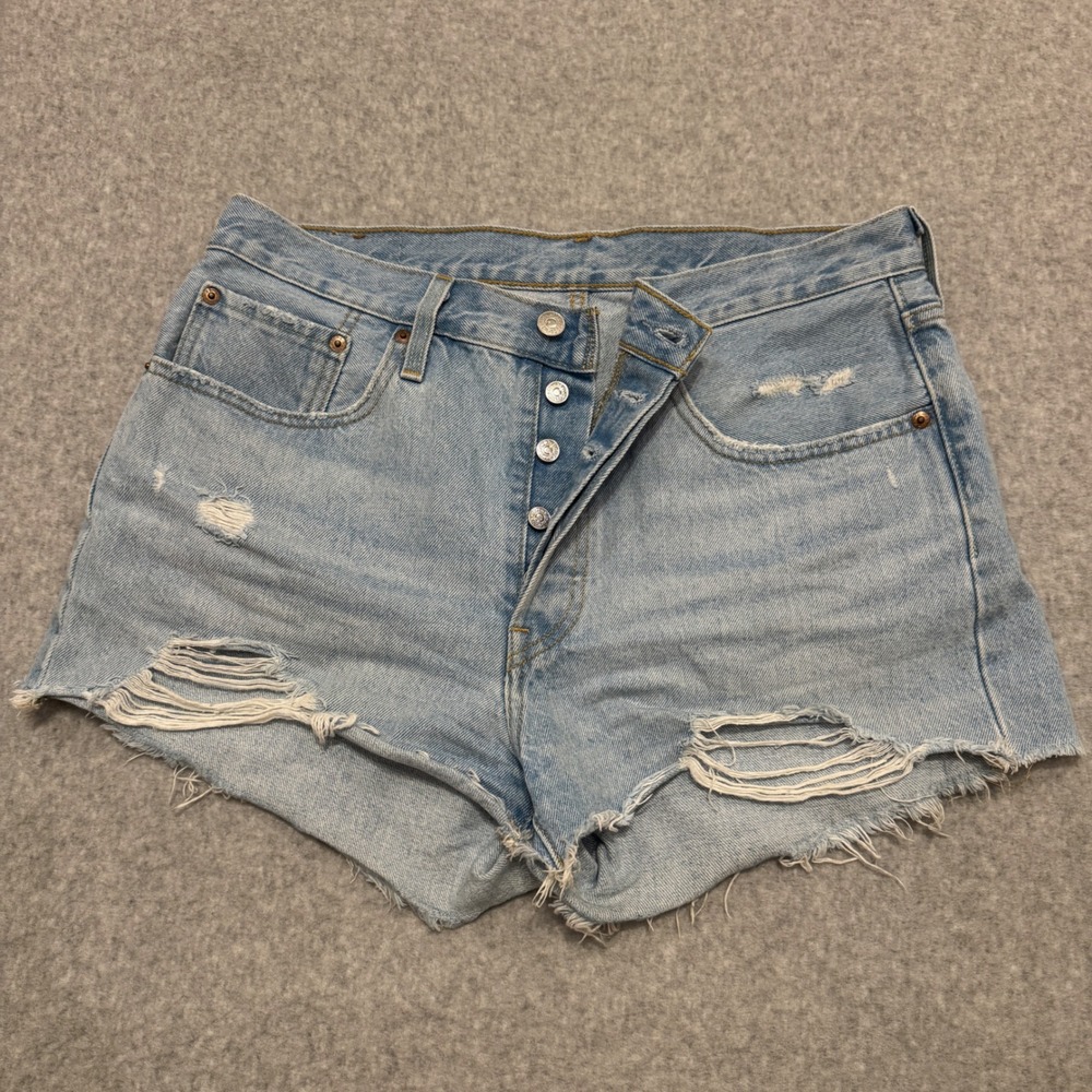 Levis 501 Distressed Light Wash Denim Shorts W30 High Rise Cut Offs Button Fly